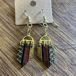 Artistic Hand Crafted Gold Tone and Snakeskin Chevron‎ Dangle Earrings